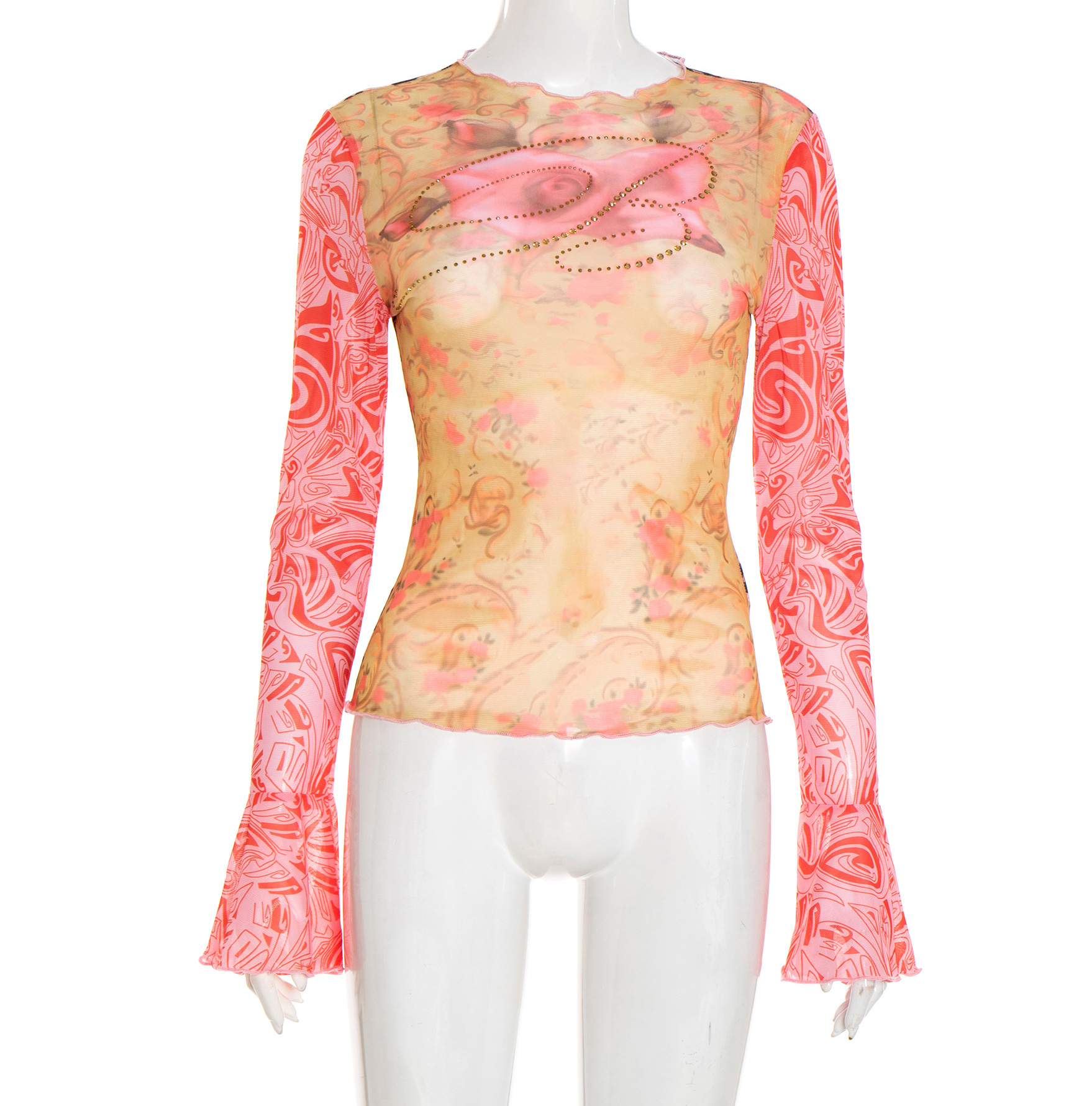 Autumn Bloom Sheer Mesh Top: Rhinestone Embellished, Flared Sleeves & Leopard Trim