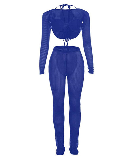 Fall Getaway Essential: Sheer Ribbed Knit Halter Crop Top & High-Waist Leggings Set - Resort & Festival Ready