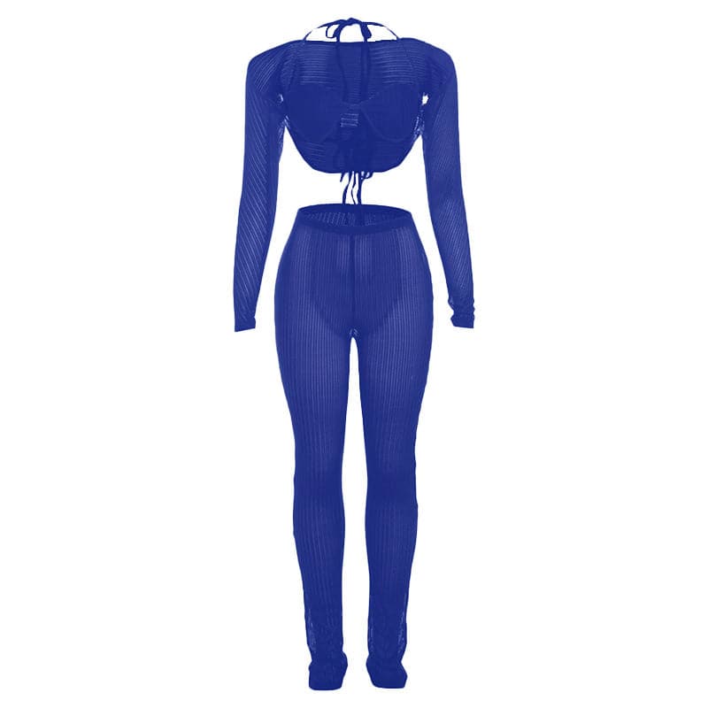 Fall Getaway Essential: Sheer Ribbed Knit Halter Crop Top & High-Waist Leggings Set - Resort & Festival Ready