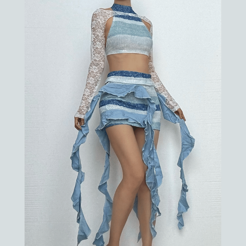 Siren Chic: Ruffled Striped Mini Skirt Set with Lace Shrug – Fall's Hottest Statement Look