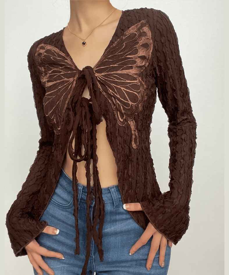 Enchanting Autumn Butterfly Tie-Front Crop Top - Textured Long Sleeve
