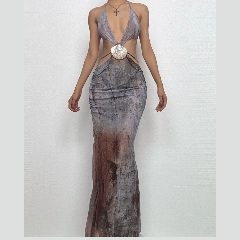 Mystic Shores Halter Maxi Dress - Shell Embellishment & Ombre Fall Print