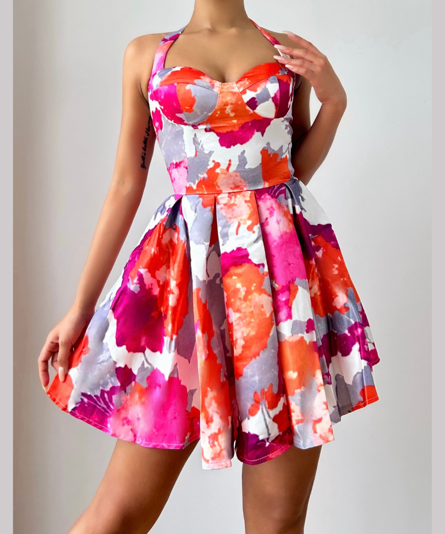 Vibrant Bloom Halter Mini Dress - Sweetheart Neckline, Pleated Skater Skirt - Perfect for Fall Getaways