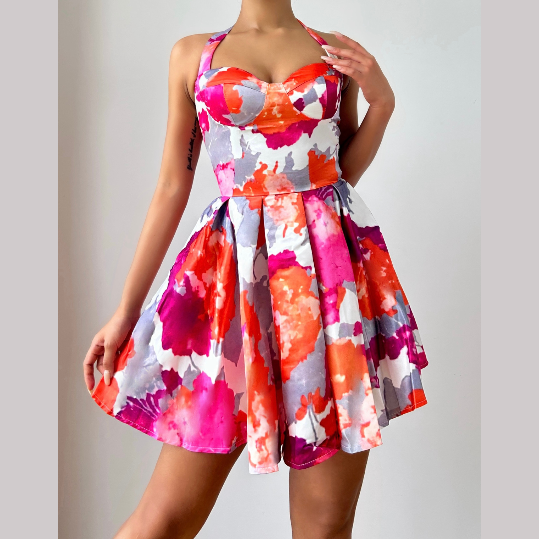 Vibrant Bloom Halter Mini Dress - Sweetheart Neckline, Pleated Skater Skirt - Perfect for Fall Getaways