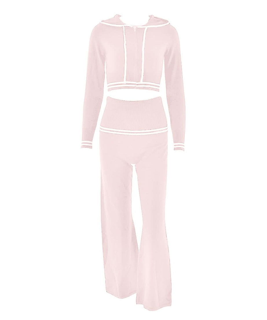 Autumn Luxe: Sailor Chic Knit Crop Hoodie & Flare Pant Set