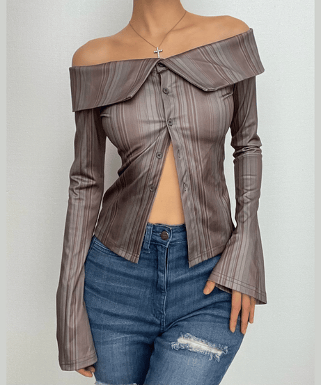 Elevated Fall Chic: Striped Off-Shoulder Button-Front Bell Sleeve Top