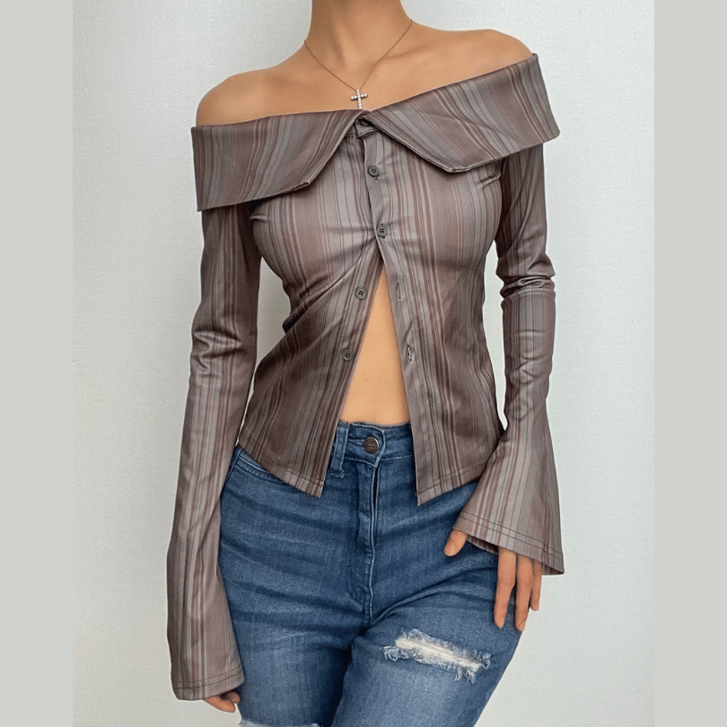 Elevated Fall Chic: Striped Off-Shoulder Button-Front Bell Sleeve Top