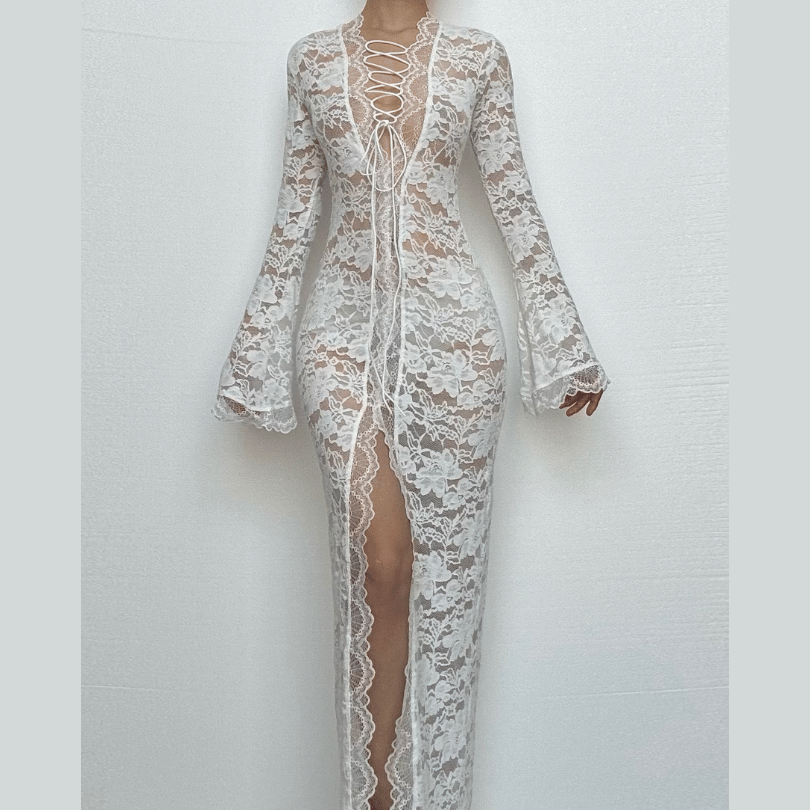 Sultry White Lace Bell Sleeve Maxi Dress | High Slit & Lace-Up Front | Resort & Winter Getaway Essential