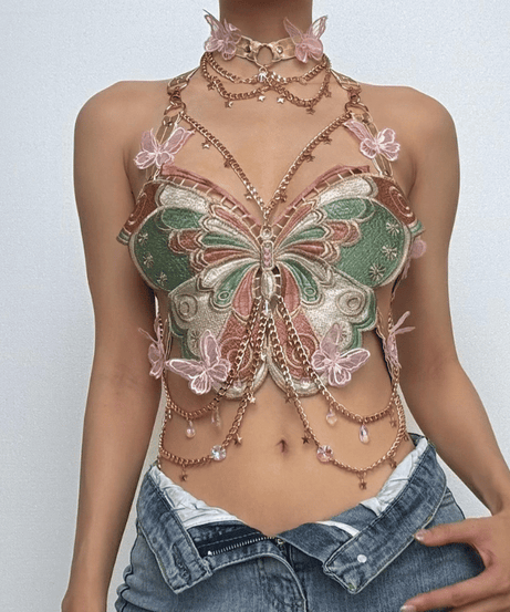 Enchanted Butterfly Halter Top & Body Chain with Choker | Festival Rave & Halloween Statement Piece