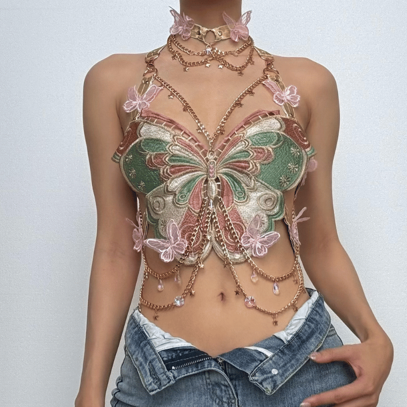 Enchanted Butterfly Halter Top & Body Chain with Choker | Festival Rave & Halloween Statement Piece