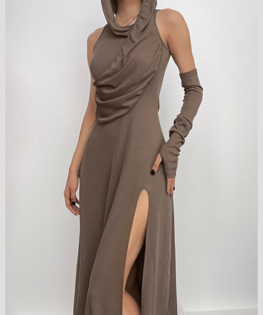 Effortless Autumn Style: Hooded Maxi Dress with High Slit & Arm Warmer Set