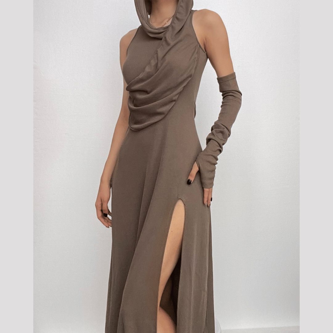 Effortless Autumn Style: Hooded Maxi Dress with High Slit & Arm Warmer Set