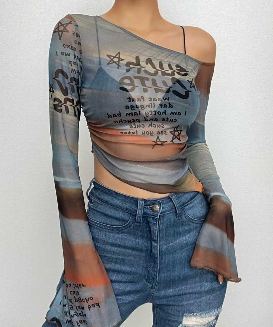 Fall Sunset Sheer Mesh One-Shoulder Crop Top - Trendy Bell Sleeves & Abstract Print