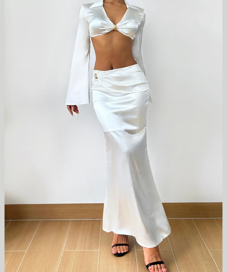 Luxurious White Satin Draped Maxi Skirt & Crop Top Set - Your Fall & Holiday Event Glam