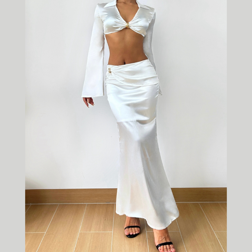 Luxurious White Satin Draped Maxi Skirt & Crop Top Set - Your Fall & Holiday Event Glam