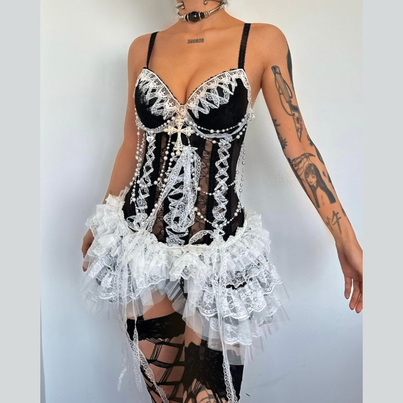 Victorian Gothic Maid Sweetheart Lace Corset Mini Dress - Spooky Season & Party Ready