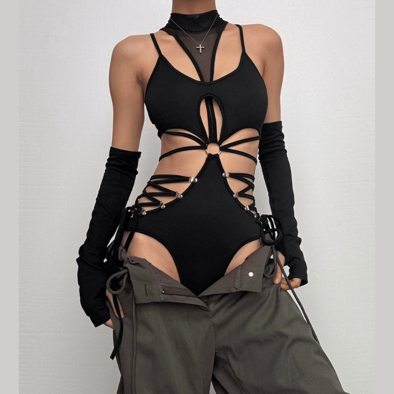 Dare to Thrill: Edgy Black O-Ring Cutout Bodysuit with Fingerless Gloves - Halloween & Club Ready