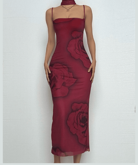 Romantic Rose Mesh Cami Midi Dress | Elegant Ruffle Backless for Fall & Holiday Parties