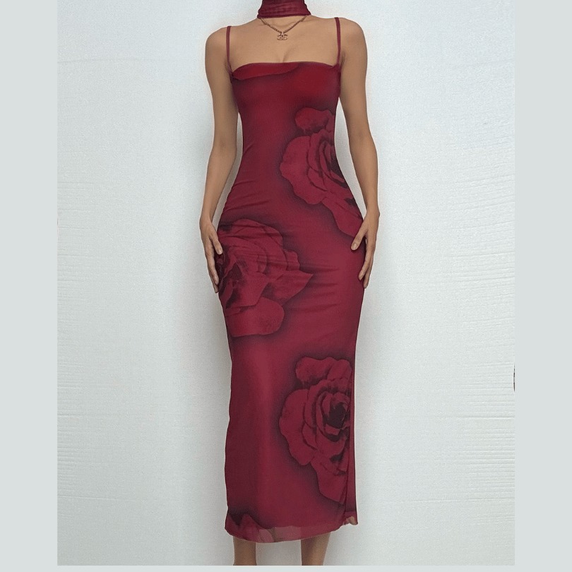 Romantic Rose Mesh Cami Midi Dress | Elegant Ruffle Backless for Fall & Holiday Parties