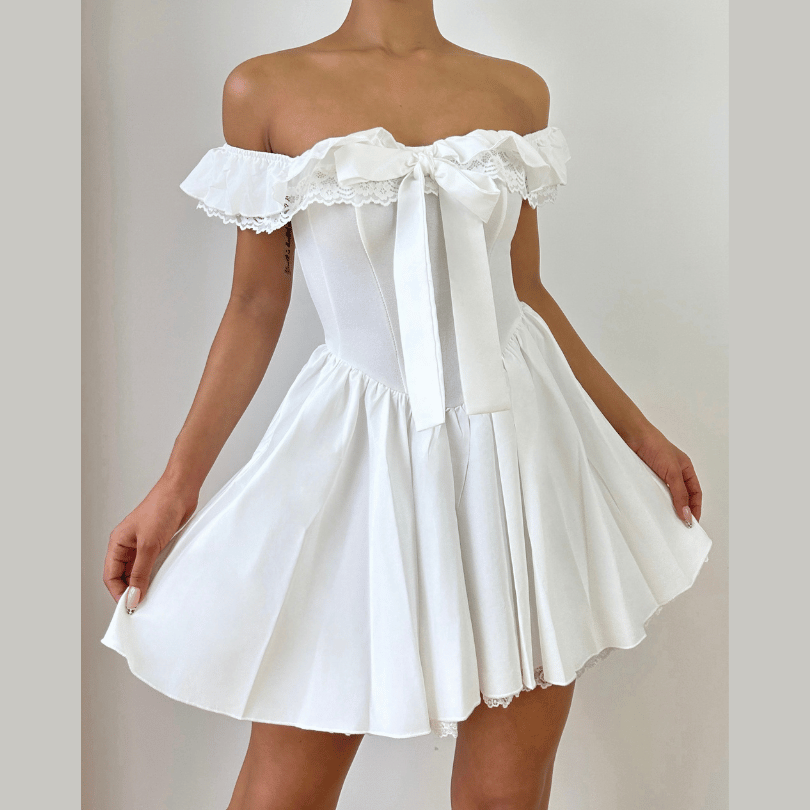 The 'Romantic Reverie' Off-Shoulder Bow Mini Dress | Holiday Party & Winter Getaway Ready