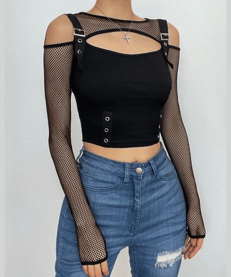 Y2K Alt Fishnet Buckle Crop Top | Off-Shoulder & Cut-Out - Your Edgy Fall & Halloween Essential