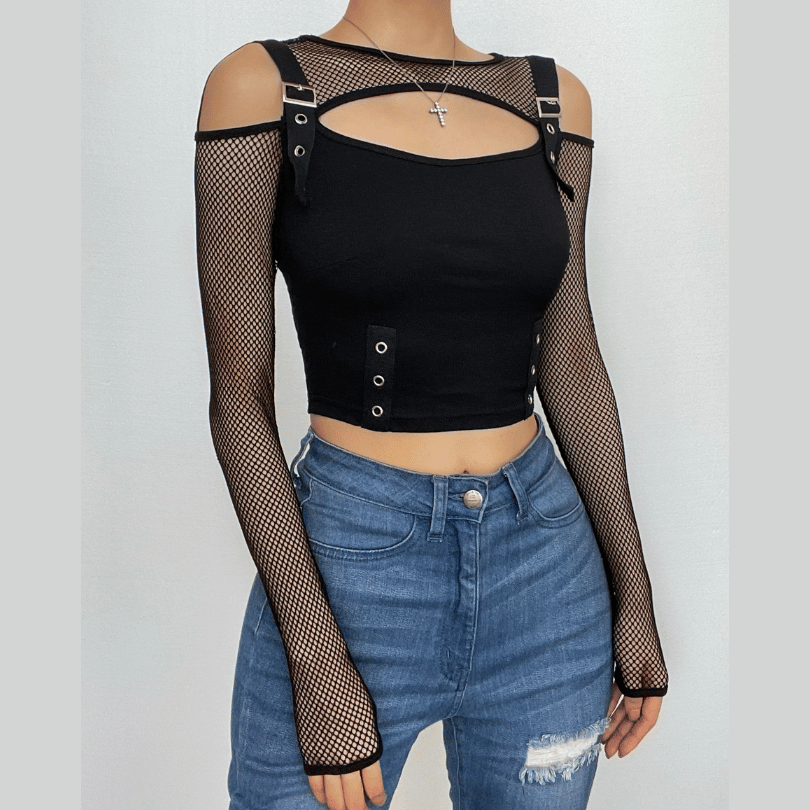 Y2K Alt Fishnet Buckle Crop Top | Off-Shoulder & Cut-Out - Your Edgy Fall & Halloween Essential
