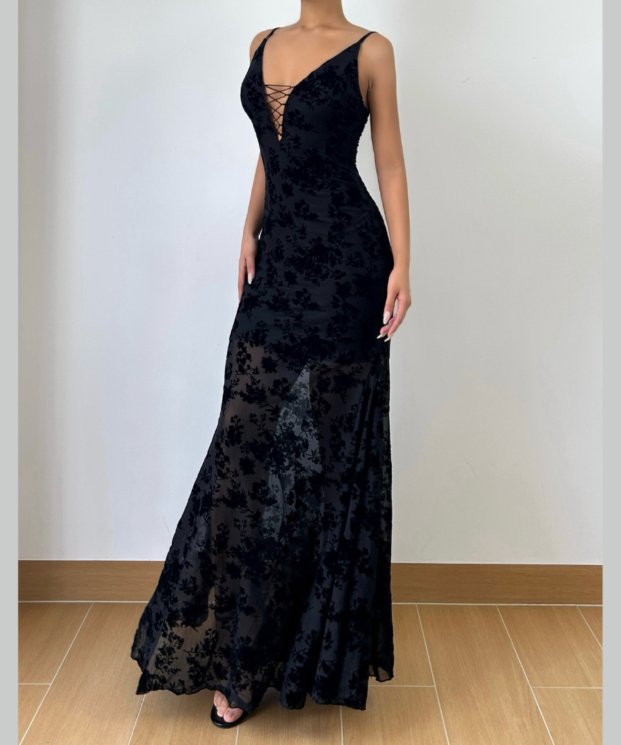 Fall Glamour: Black Velvet Burnout Floral Maxi Dress - Lace-Up V-Neck Formal Gown