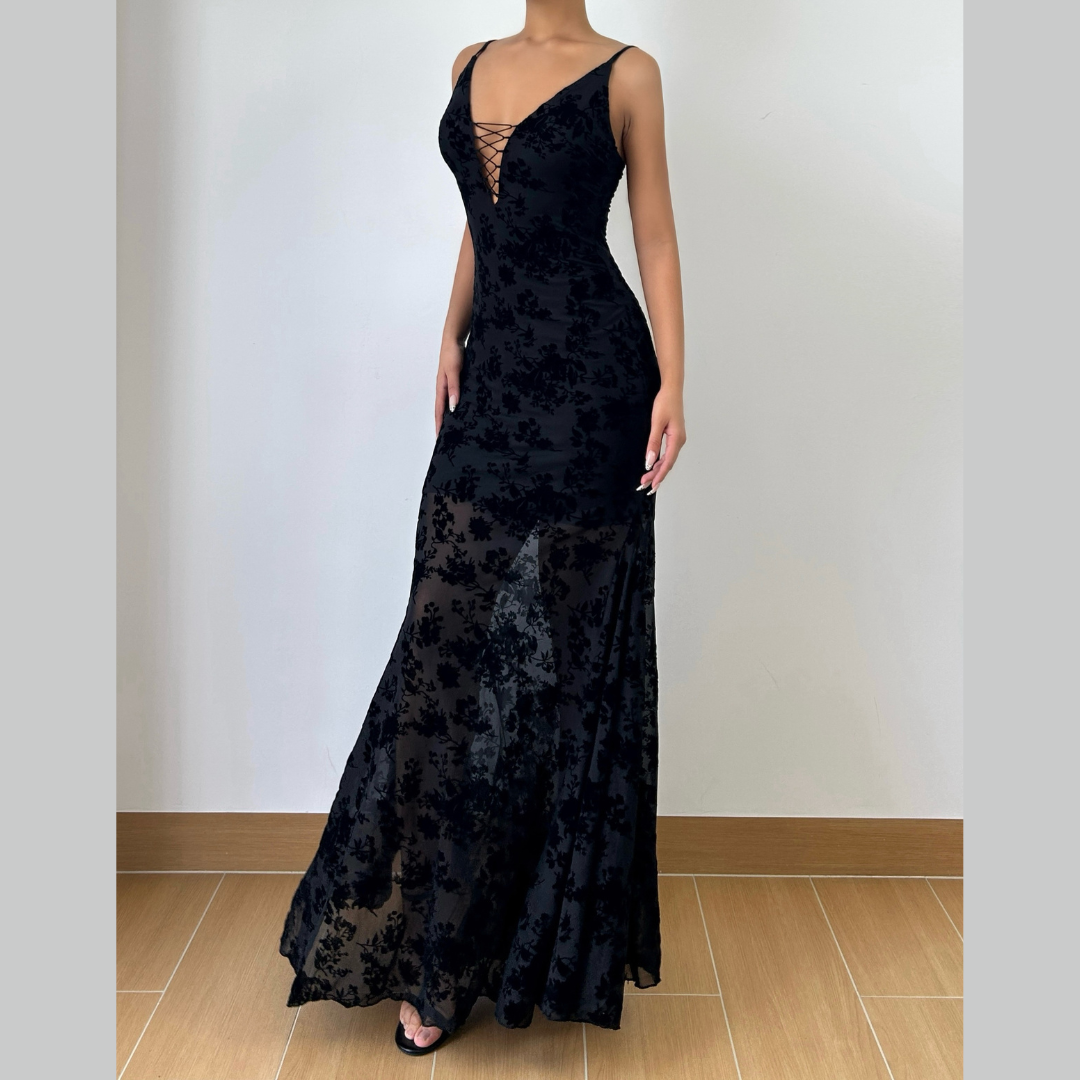 Fall Glamour: Black Velvet Burnout Floral Maxi Dress - Lace-Up V-Neck Formal Gown