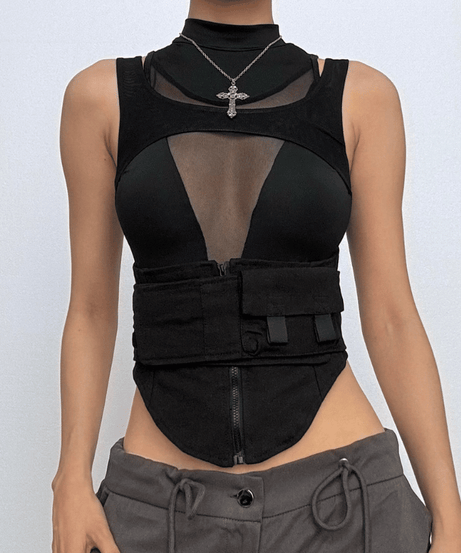 Edgy Mesh Utility Corset Top - High Neck Zip-Up Tactical Streetwear for Fall