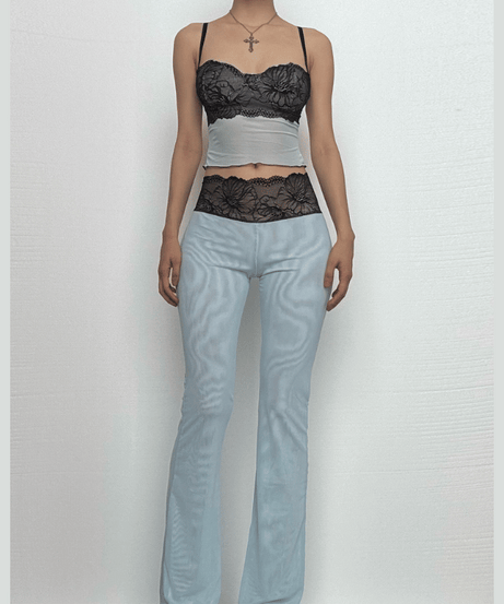 “Sultry Siren” Black Lace Mesh Sweetheart Cami & Flare Pant Set | Halloween & Fall Nights