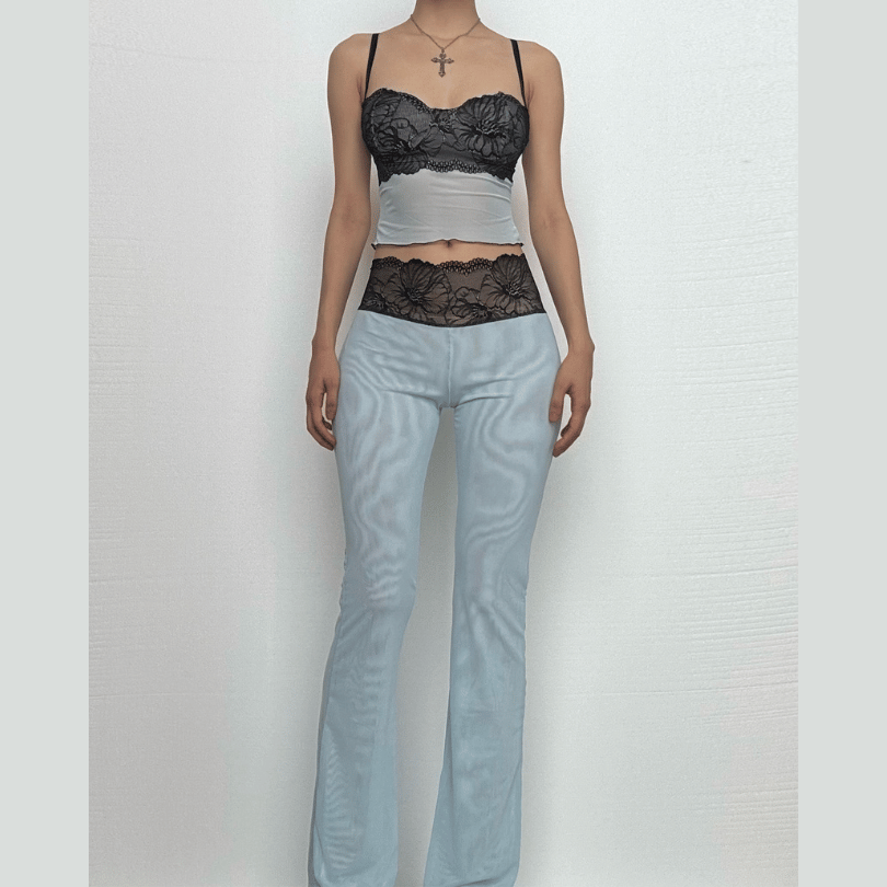 “Sultry Siren” Black Lace Mesh Sweetheart Cami & Flare Pant Set | Halloween & Fall Nights