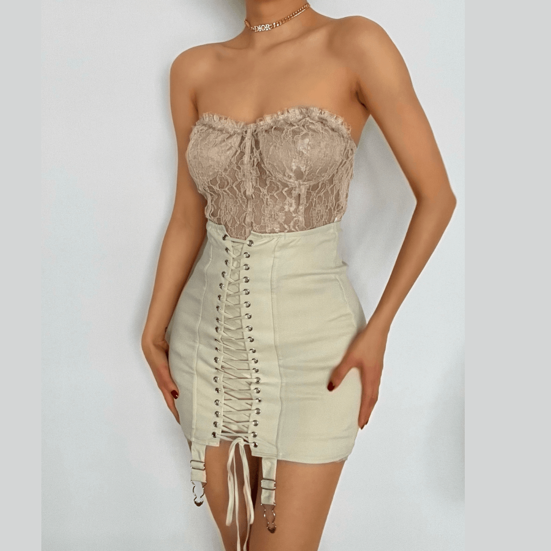 Fall's Edge: Cream Lace-Up Corset Mini Skirt with Garter Straps | High Waist Edgy Chic
