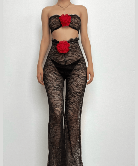 Dark Romance Black Lace & Rose Two-Piece Pant Set – Sultry Fall & Halloween Style