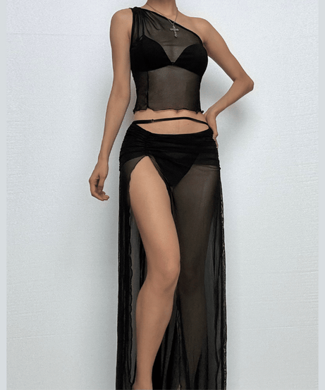 Sultry Siren Black Sheer Mesh One-Shoulder Top & High-Slit Maxi Skirt Set - Your Fall Escape & Party Essential