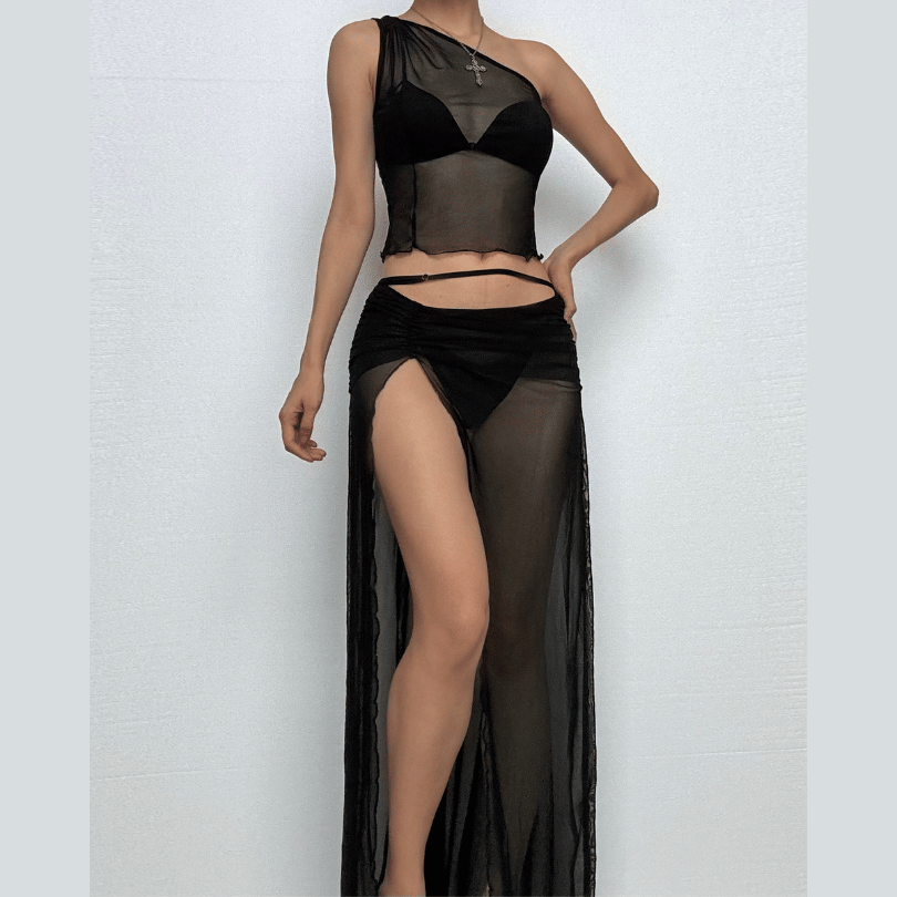 Sultry Siren Black Sheer Mesh One-Shoulder Top & High-Slit Maxi Skirt Set - Your Fall Escape & Party Essential