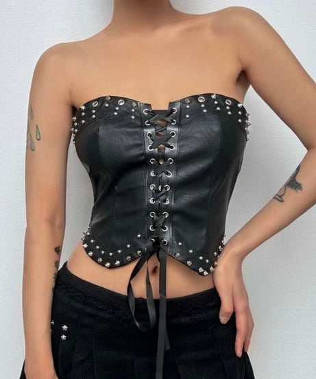 Rebel Chic Studded Faux Leather Lace-Up Corset Bustier - Your Edgy Fall & Halloween Statement Top