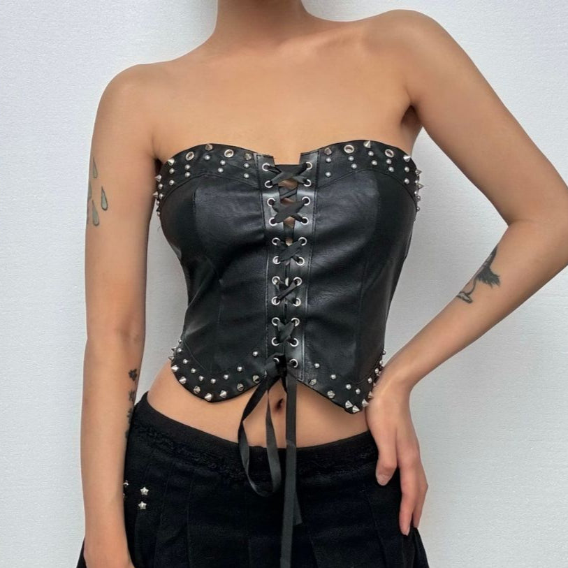 Rebel Chic Studded Faux Leather Lace-Up Corset Bustier - Your Edgy Fall & Halloween Statement Top