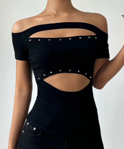Black Studded Siren Off-Shoulder Cut-Out Top - Edgy Fall & Halloween Glam