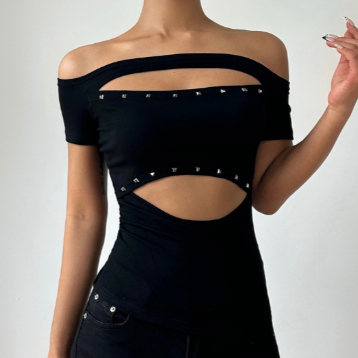 Black Studded Siren Off-Shoulder Cut-Out Top - Edgy Fall & Halloween Glam