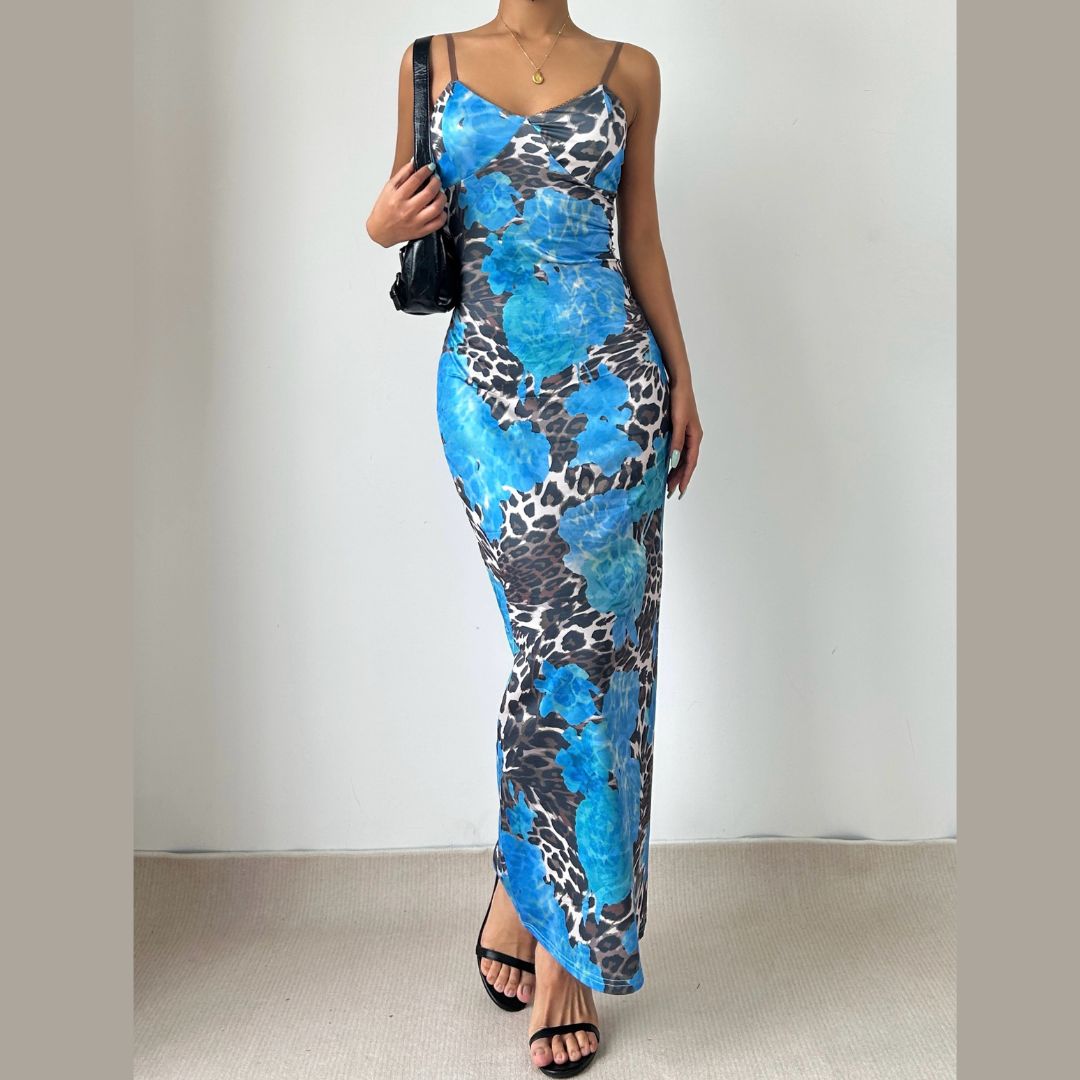 Vibrant Blue Floral & Leopard Print Maxi Dress - Your Chic Fall Getaway Essential
