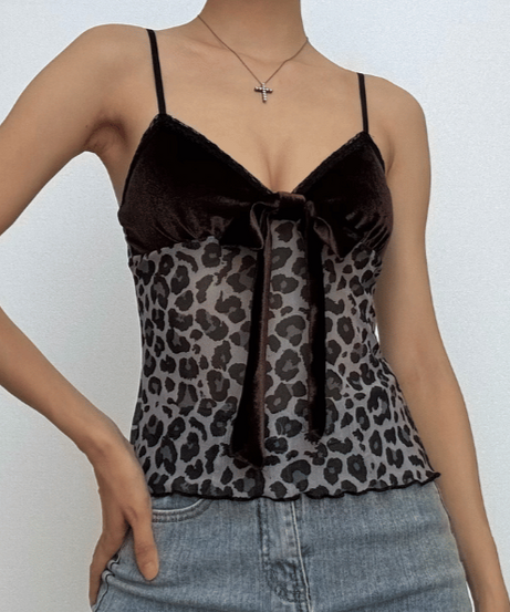 Fall Luxe: Velvet & Leopard Print Bow Cami Top - Chic Y2K Style for American Women