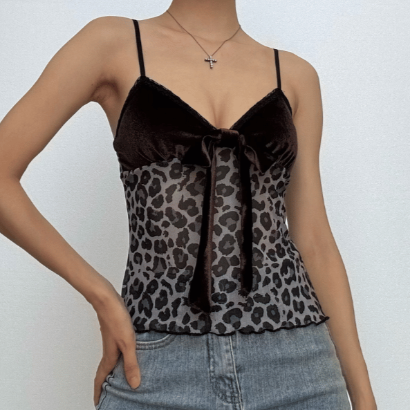 Fall Luxe: Velvet & Leopard Print Bow Cami Top - Chic Y2K Style for American Women