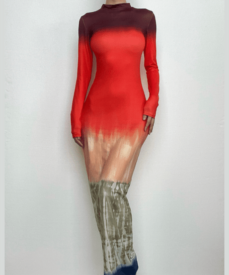 Autumn Horizon Ombre Maxi Dress - Chic Long Sleeve Tie-Dye Bodycon
