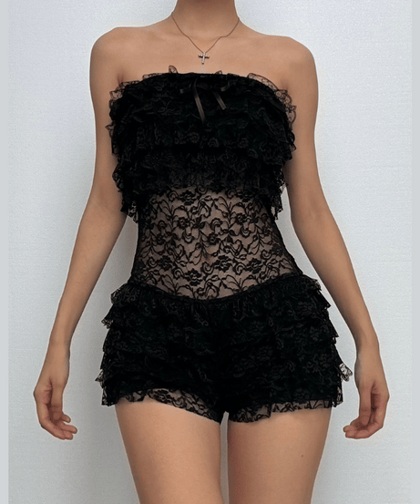 Sexy Black Lace Ruffle Romper - Strapless Tube Top Playsuit for Halloween & Fall Parties
