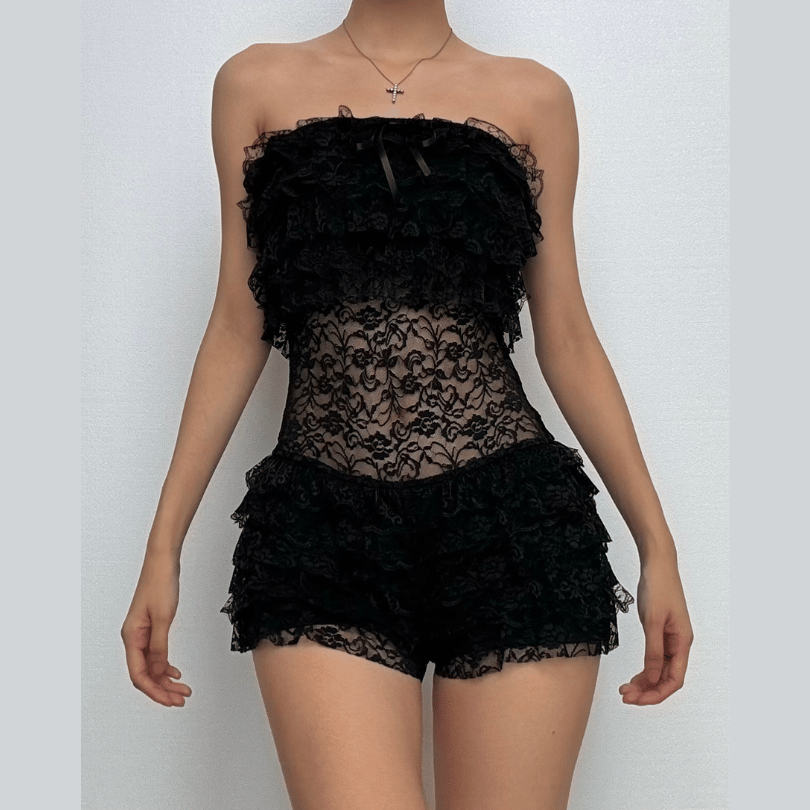 Sexy Black Lace Ruffle Romper - Strapless Tube Top Playsuit for Halloween & Fall Parties