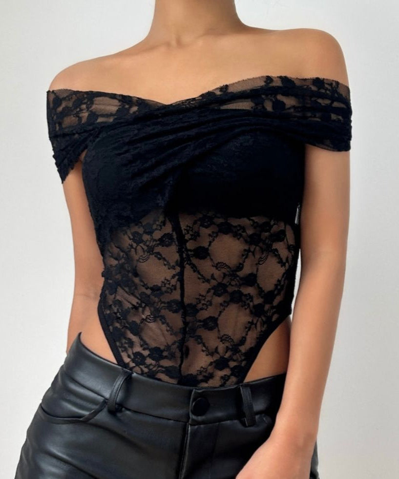 Sultry Chic Black Lace Off-Shoulder Bodysuit - Fall & Holiday Party Perfect
