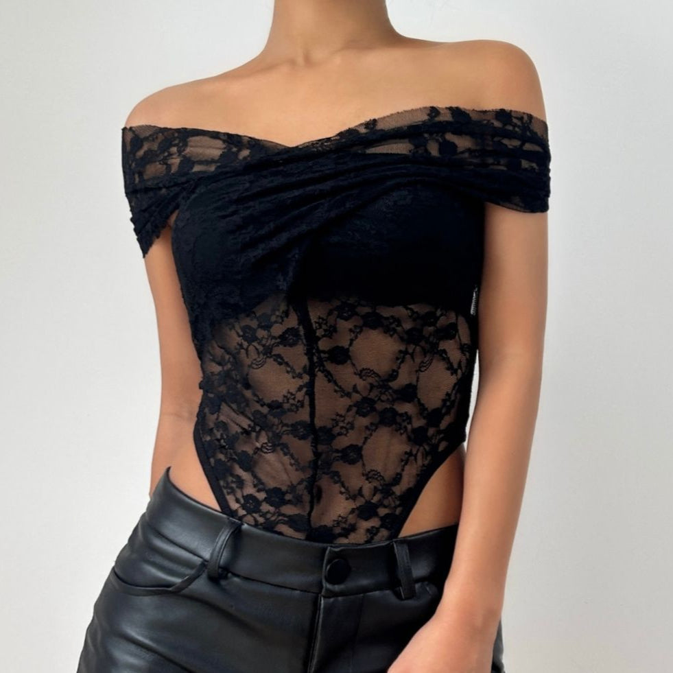 Sultry Chic Black Lace Off-Shoulder Bodysuit - Fall & Holiday Party Perfect