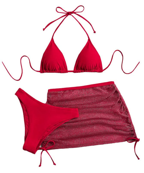 Tropical Escape Essential: Glam Red Halter Bikini & Sheer Ruched Skirt 3-Piece Swimwear Set