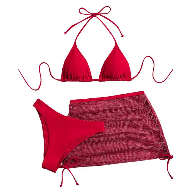 Tropical Escape Essential: Glam Red Halter Bikini & Sheer Ruched Skirt 3-Piece Swimwear Set