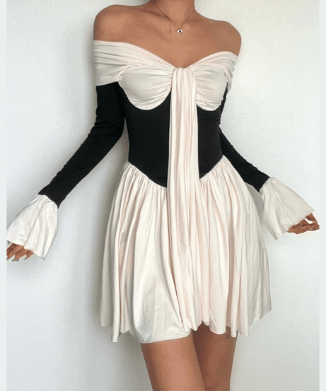The 'Glamour Bow' Off-Shoulder Mini Dress | Chic Contrast Fall & Holiday Party Essential
